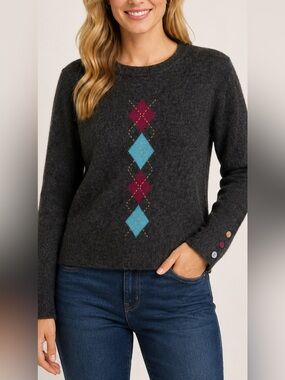 Tulchan Women’s XL 100% Lambswool Argyle Sweater Charcoal Gray Crewneck